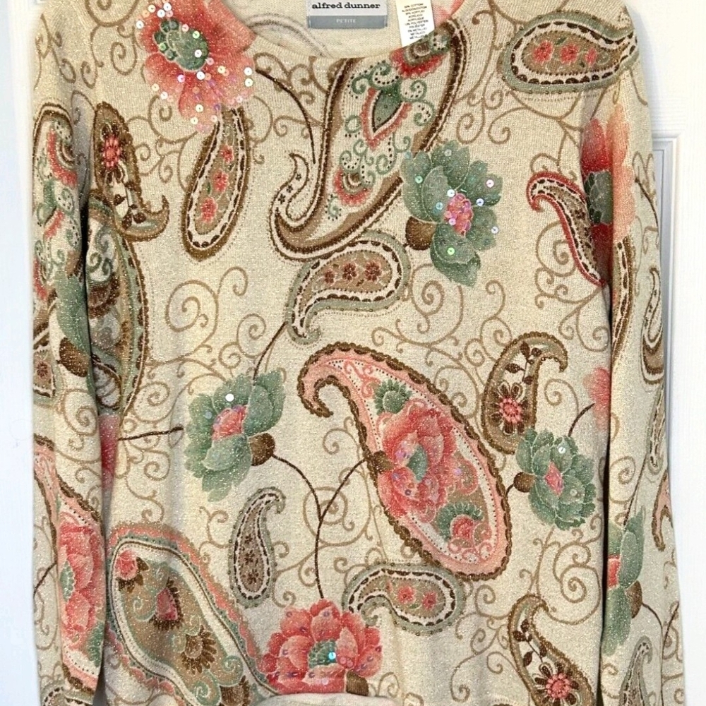 Alfred Dunner Shimmery Cream Floral & Pasley Sweater Shirt - Picture 13 of 14